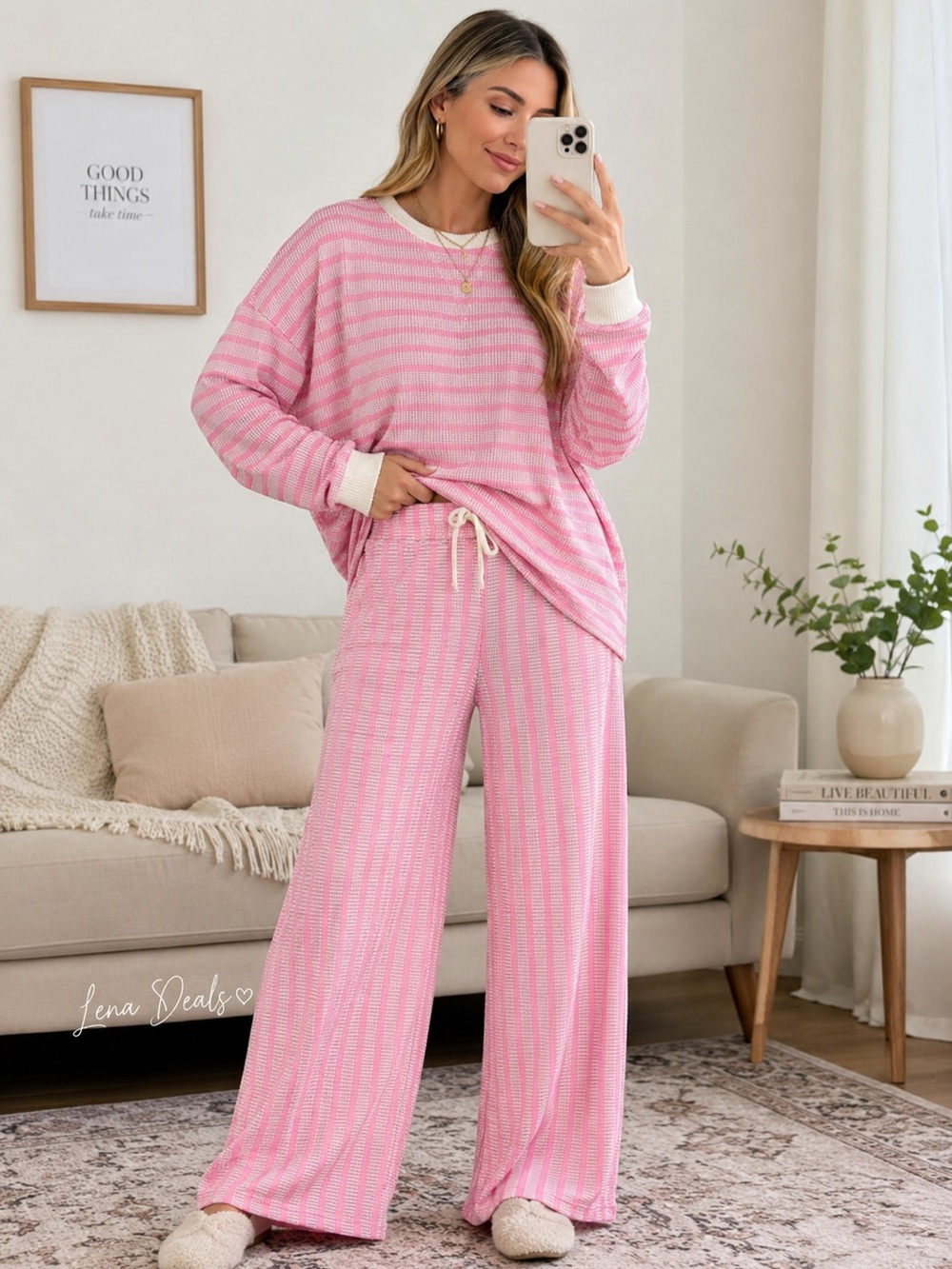 Zenana Raised Rib Striped Pullover & Wide Leg Pants Set Women’s Lt Pink